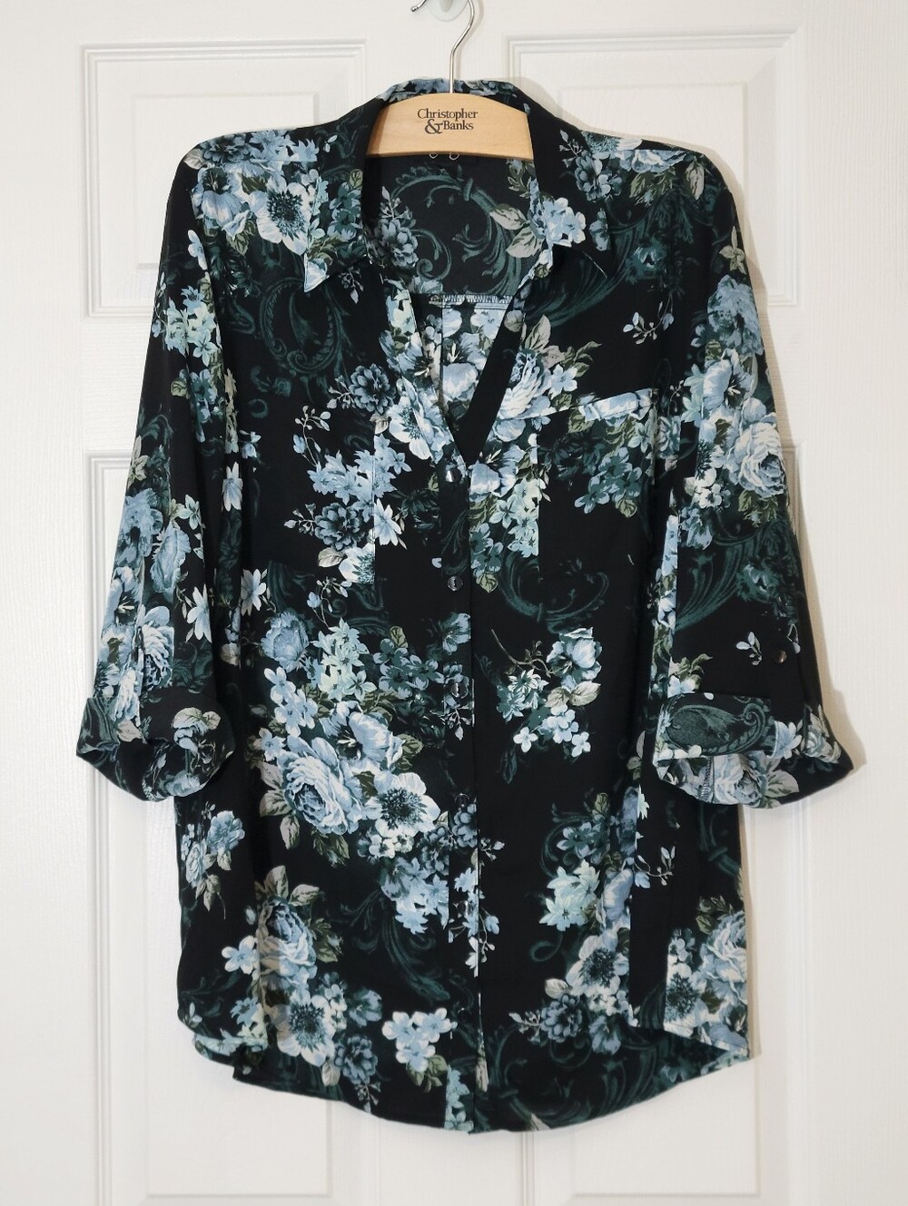 By & By Black Blue Floral Roll Tab Sleeve Blouse Size XXL